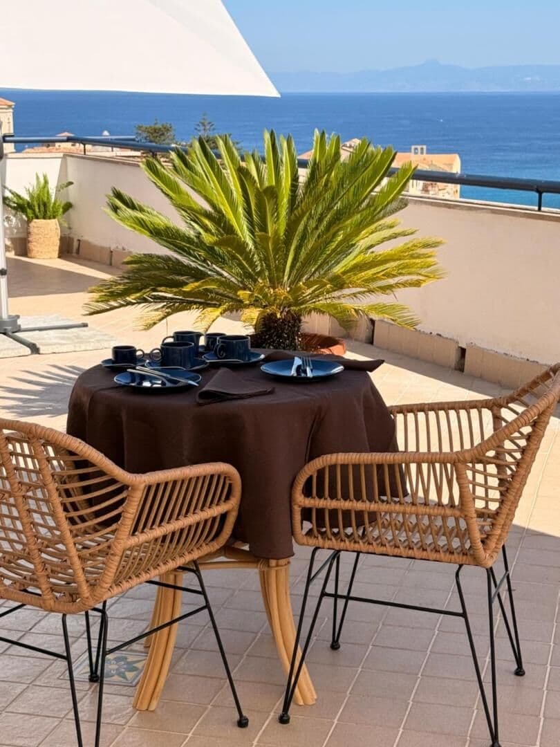 Un tavolo con le sedie in rattan e la porcellana blu, sotto la cycas, sul roof top