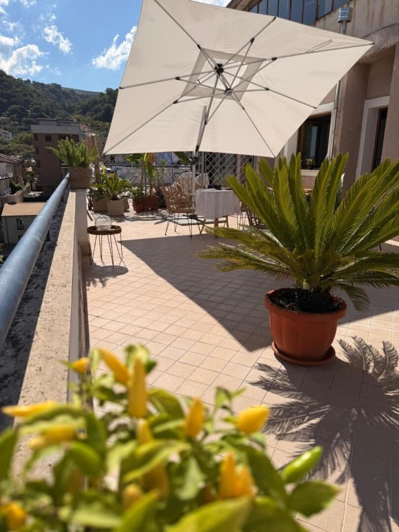 Il roof top con l'ombrellone bianco, la cycas e le piante, sopra i tetti di Tropea